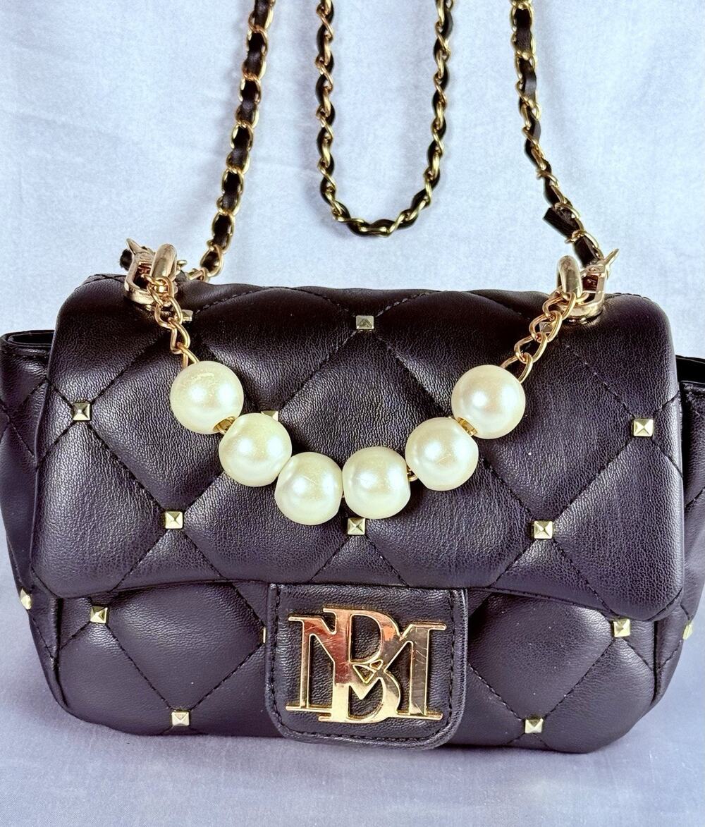 Badgley Mischka Bag Black Quilted Purse Mini CROSSBODY Flap Pearls Studded